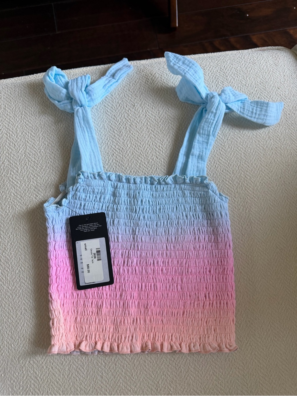 Girls Ombre Smocked Tie-Strap Crop Top - Blue, Pink & Cream